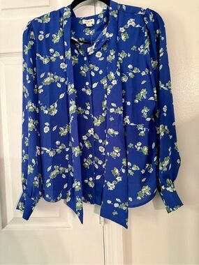 J. Crew Royal Blue Floral Tie-Neck Button Down Blouse